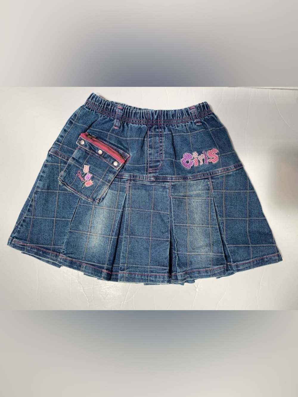King Peak Girls Denim Pleated Skirt Blue Plaid Embroidered Size 14 Y2K Style